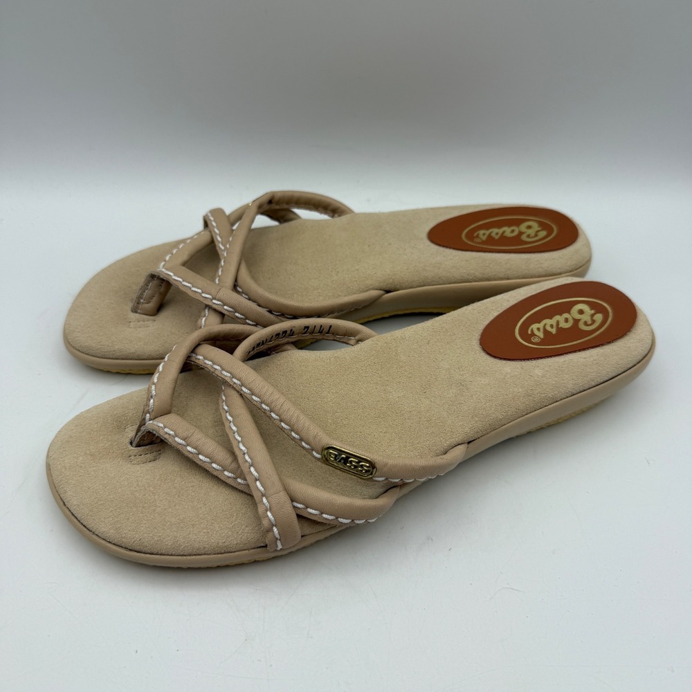 Bass Sandals Womens 8.5 Tan Leather Strappy Thong Comfort Low Wedge 202M1274